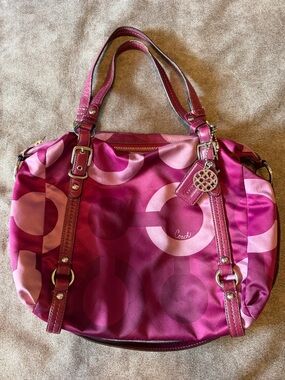 COACH Alexandra Op Art Satchel in Fuchsia and Plum